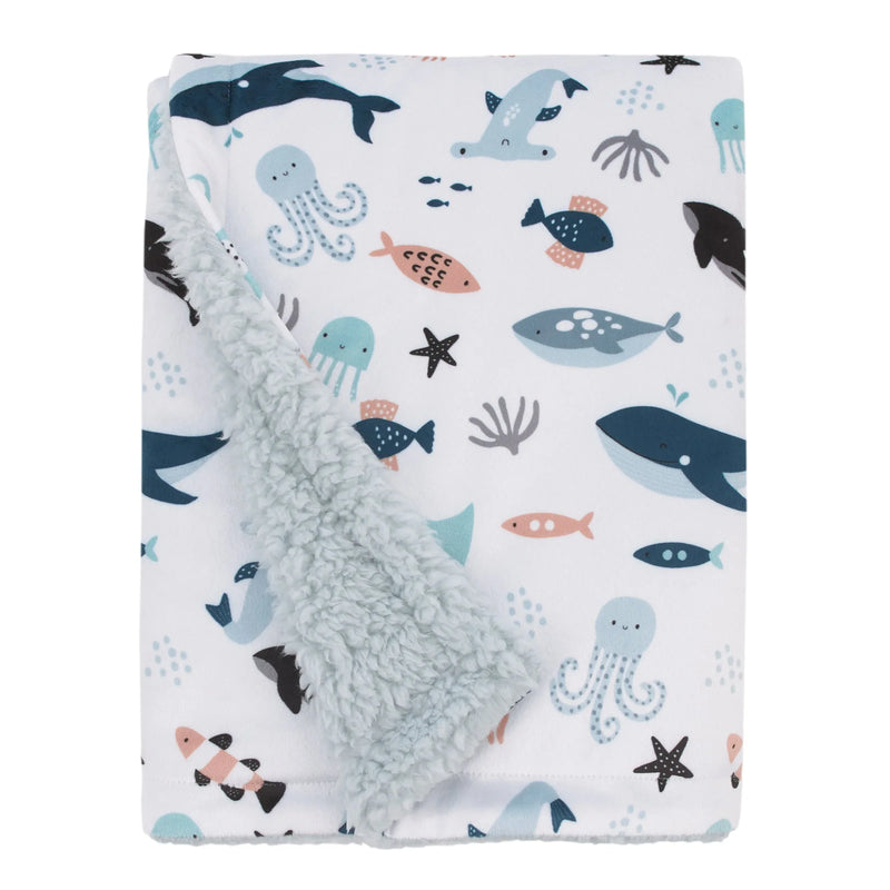 Explore Dream Discover Light Blue, Navy, Gray and Coral Super Soft Sherpa Baby Blanket - BIG FRENCHIES
