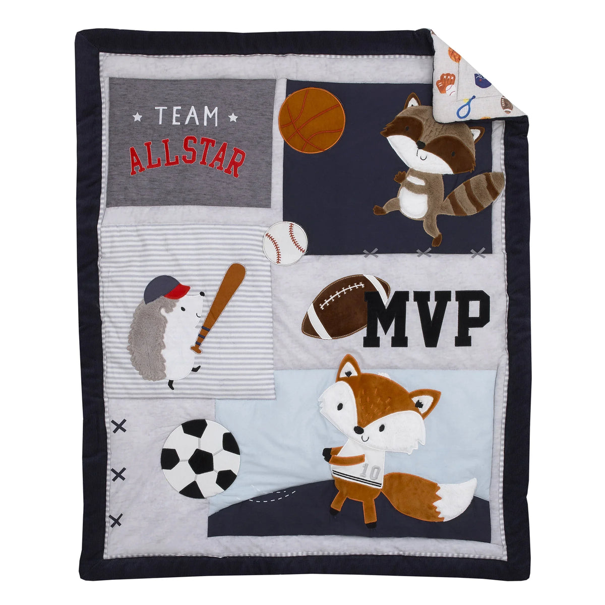 NoJo Team All Star Navy, Grey, and Light Blue, Football, Baseball, Soccer and Basketball, Fox, Raccoon and Hedgehog 4 Piece Nursery Crib Bedding Set - Comforter, 100% Cotton Fitted Crib Sheet, Crib Skirt and Storage Tote - BIG FRENCHIES