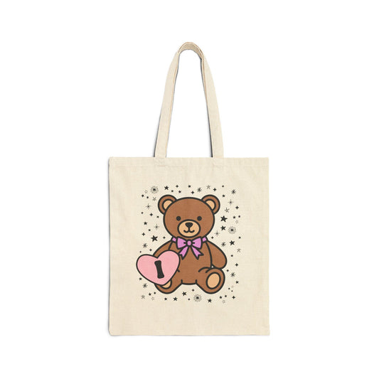 I: Bear Holding a Heart Tote Bag with Initial - BIG FRENCHIES