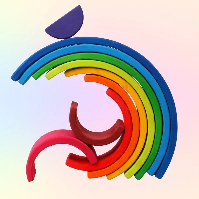 10 Pcs STAINED Wooden Rainbow Stacking Puzzle Blocks in Sunset Color - BIG FRENCHIES