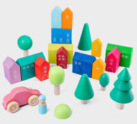 15-Piece Stained Little Village Wooden House Building Blocks Set