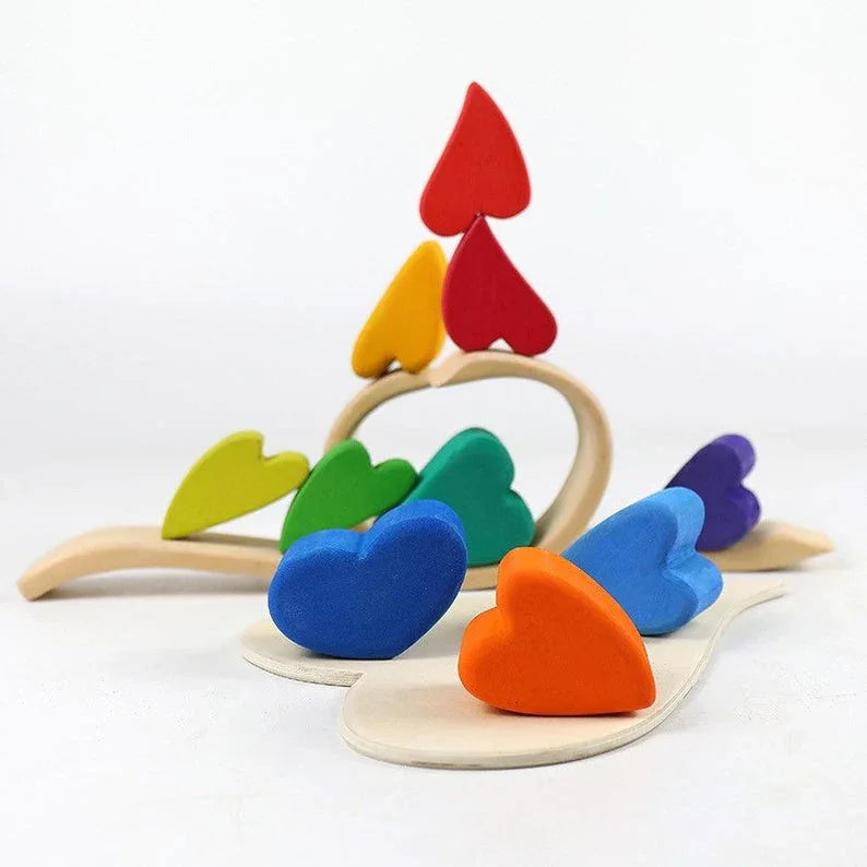 **Pre-order (Ships in 2-3 Weeks)**10-Piece Stained Wooden Rainbow Heart Stacking Puzzle Blocks - BIG FRENCHIES
