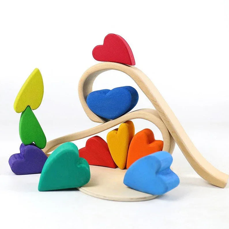 **Pre-order (Ships in 2-3 Weeks)**10-Piece Stained Wooden Rainbow Heart Stacking Puzzle Blocks - BIG FRENCHIES