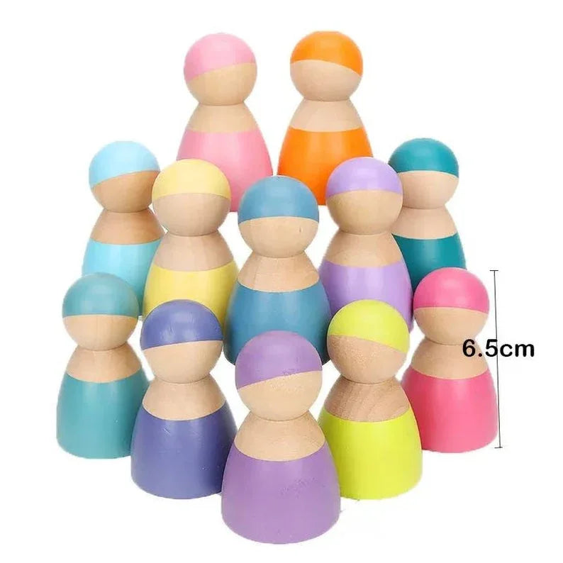 12-Piece Wooden Peg Dolls – Pastel/Macaron Colors - BIG FRENCHIES