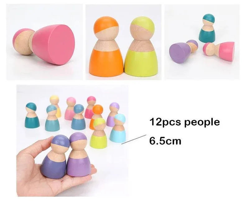 12-Piece Wooden Peg Dolls – Pastel/Macaron Colors - BIG FRENCHIES