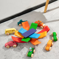7 Pcs Colored Wooden Rainbow Cars Set with 3 Peg Dolls - BIG FRENCHIES