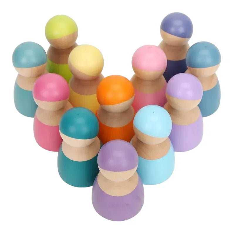 12-Piece Wooden Peg Dolls – Pastel/Macaron Colors - BIG FRENCHIES