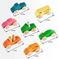 7 Pcs Colored Wooden Rainbow Cars Set with 3 Peg Dolls - BIG FRENCHIES