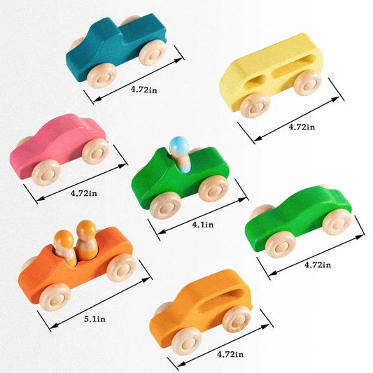 7 Pcs Colored Wooden Rainbow Cars Set with 3 Peg Dolls - BIG FRENCHIES