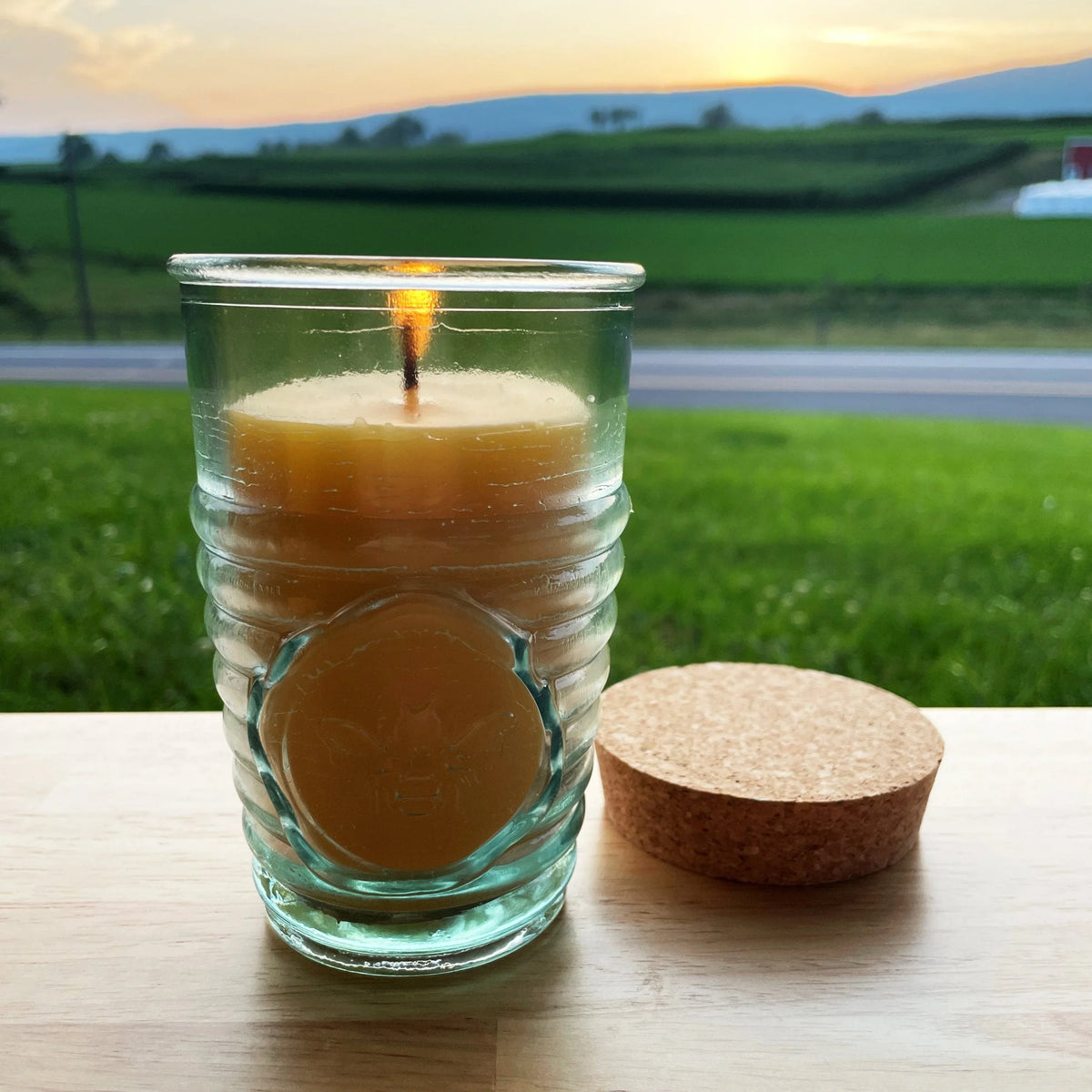Beeswax Candle in Honeybee Glass Jar Spanish Recycled Glass - BIG FRENCHIES