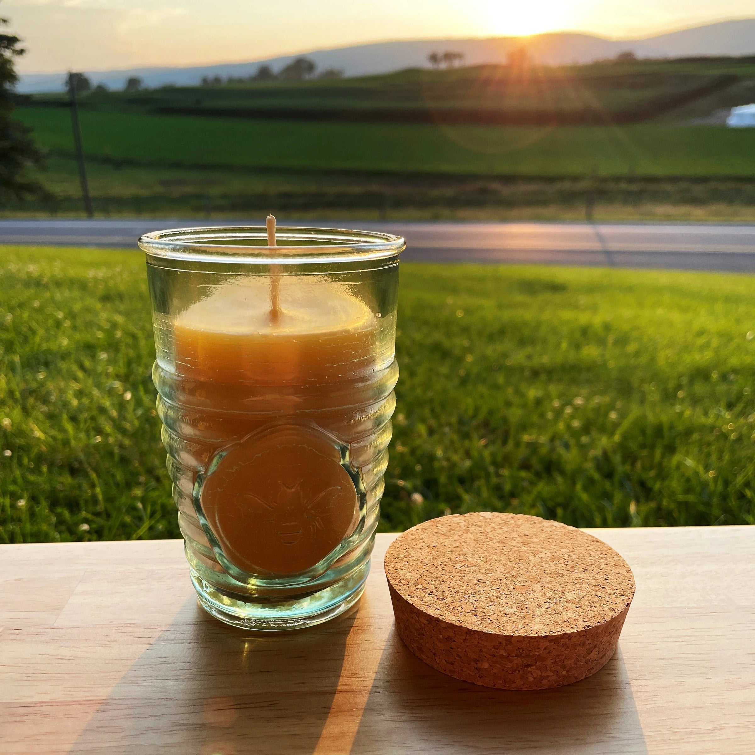 Beeswax Candle in Honeybee Glass Jar Spanish Recycled Glass - BIG FRENCHIES