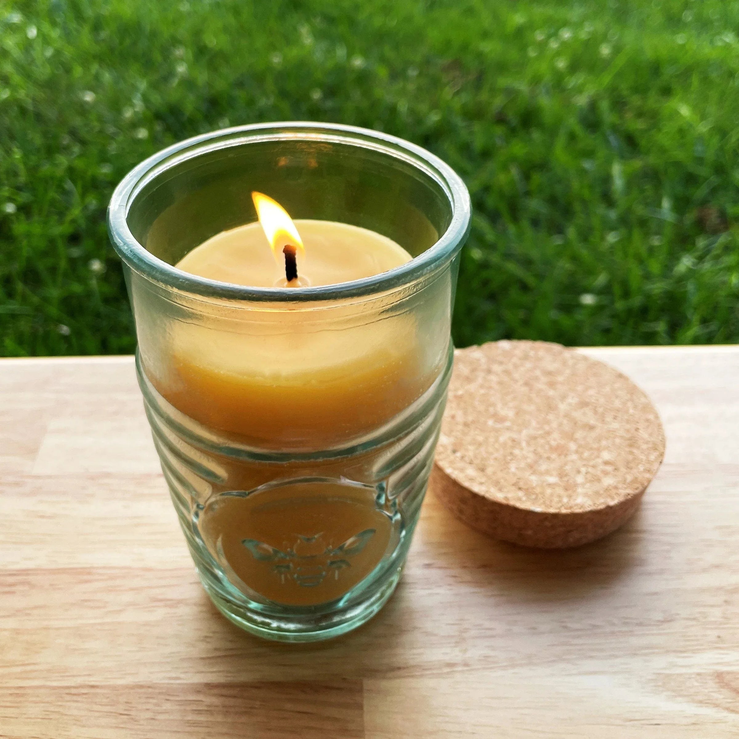Beeswax Candle in Honeybee Glass Jar Spanish Recycled Glass - BIG FRENCHIES