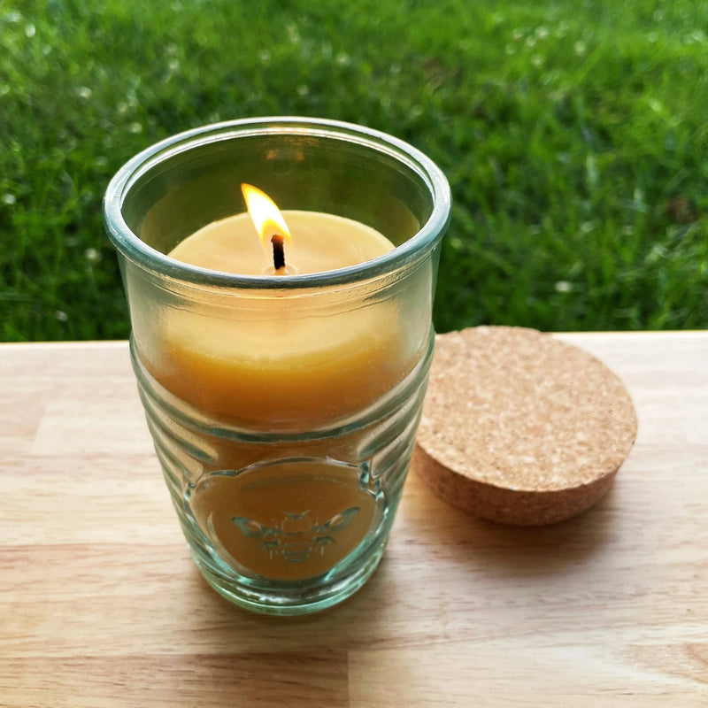 Beeswax Candle in Honeybee Glass Jar Spanish Recycled Glass - BIG FRENCHIES