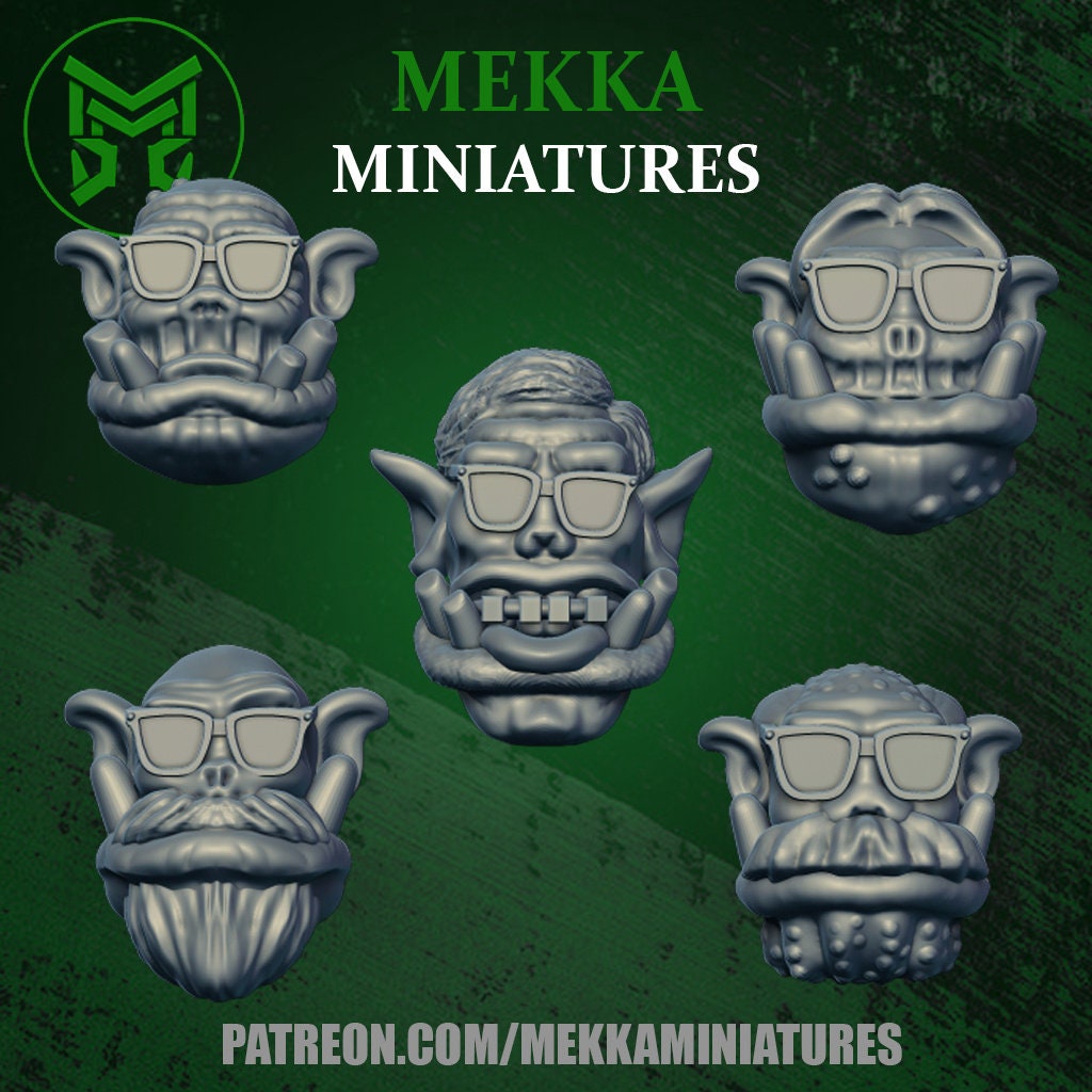 3d Printed Ork Nerd Heads x10 by Mekka Miniatures