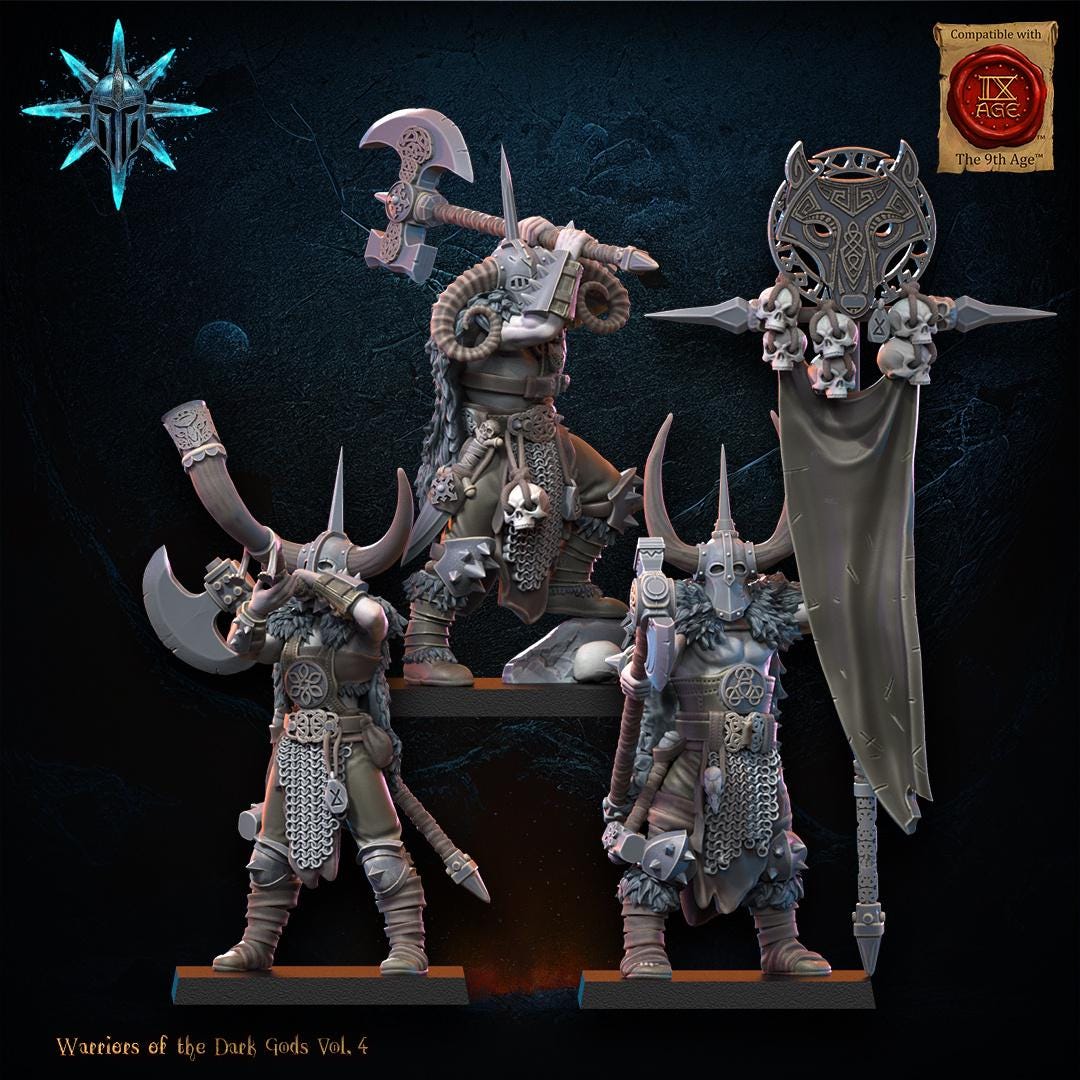 3D Printed Heavy Weapon Chaos Barbarian Command Group by Lost Kingdom Miniatures