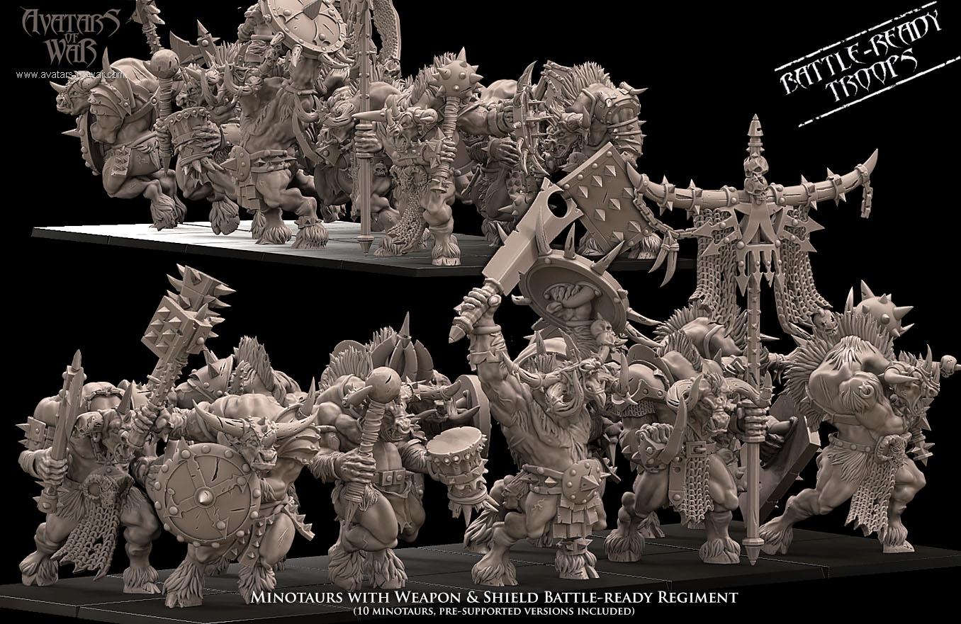 3D printed Minotaur Battle Ready Regiment w/Weapon & Shields by Avatars of War