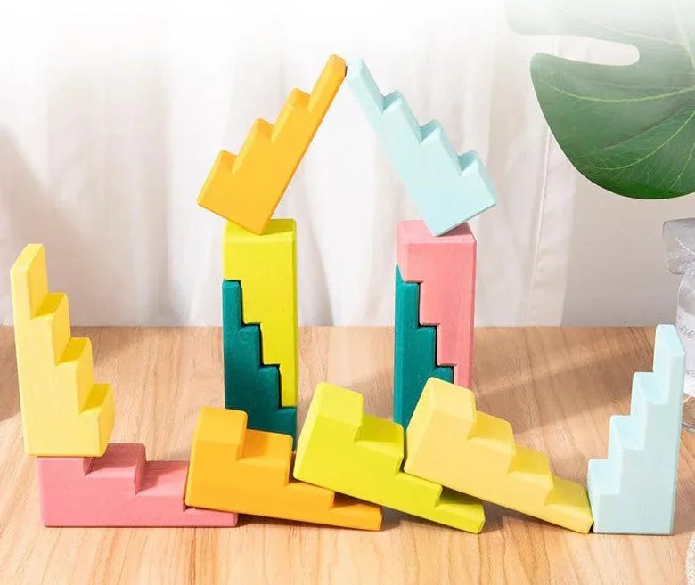 12-Piece Stained Stepped Roof Building Block Set — Pastel / Macaron Colors - BIG FRENCHIES