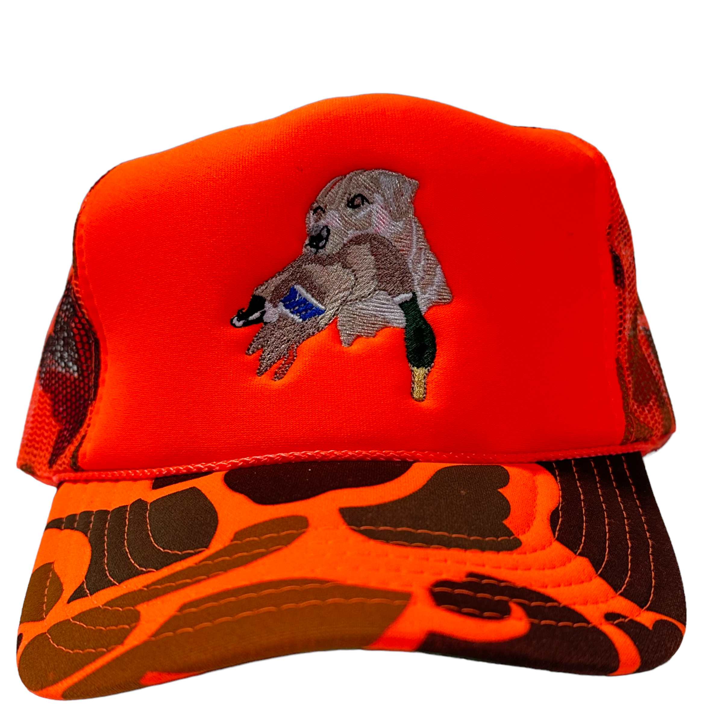 Lab Duck in Mouth Hunting Orange Camo Cap Hat Custom Embroidered