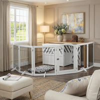 6-Panel Freestanding Wooden Dog Playpen & Pet Gate, 144"L x 31.5"H – Lockable Gate, No Wall Mounting, White/Espresso