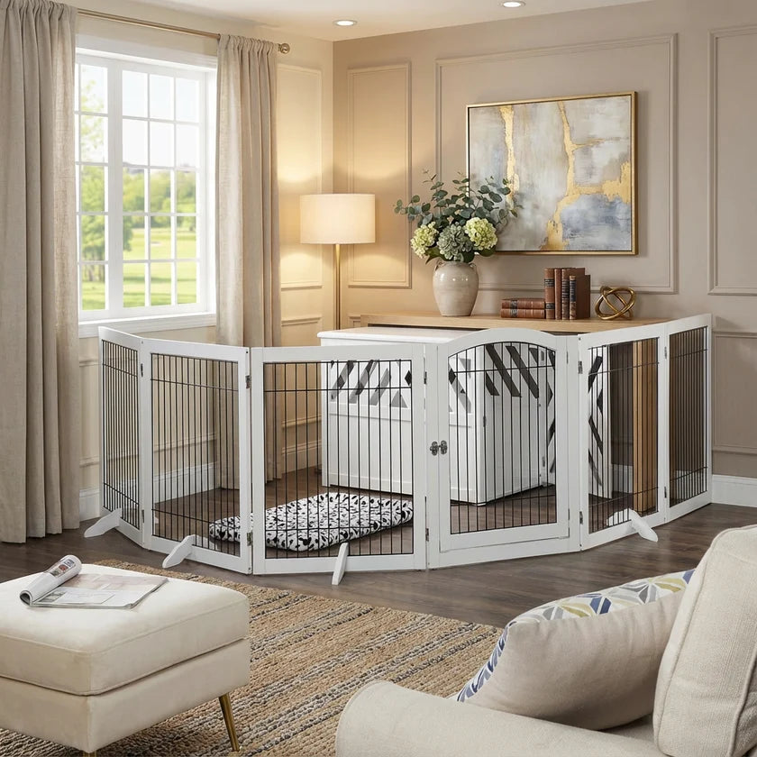 6-Panel Freestanding Wooden Dog Playpen & Pet Gate, 144"L x 31.5"H – Lockable Gate, No Wall Mounting, White/Espresso