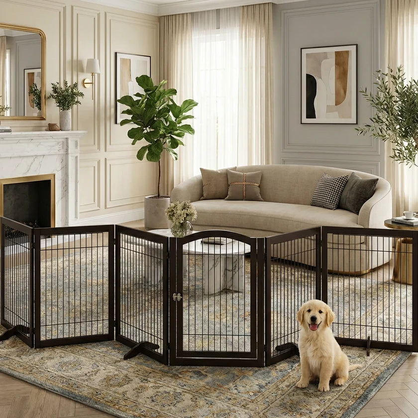 6-Panel Freestanding Wooden Dog Playpen & Pet Gate, 144"L x 31.5"H – Lockable Gate, No Wall Mounting, White/Espresso