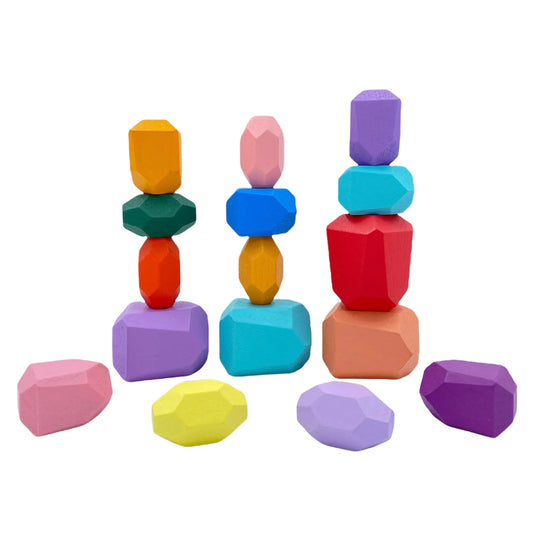 16 Pcs Wooden Stone Balancing Stacking Blocks in Pastel/Macaron Colors - BIG FRENCHIES