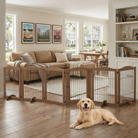 6-Panel Freestanding Solid Wood Dog Gate with Lockable Door, 132"L x 31.5"H – Foldable Pet Gate & Playpen, No Wall Mounting Required
