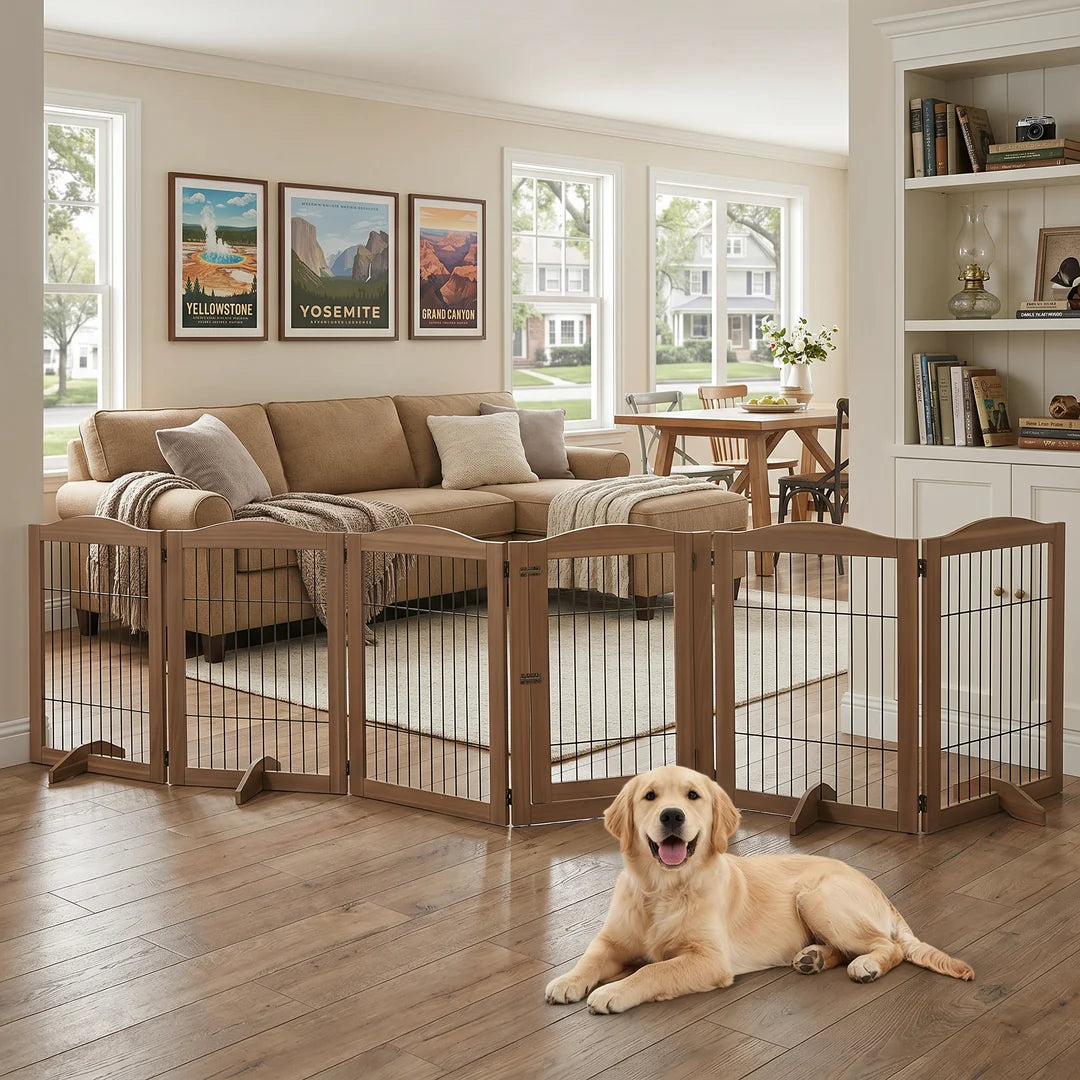 6-Panel Freestanding Solid Wood Dog Gate with Lockable Door, 132"L x 31.5"H – Foldable Pet Gate & Playpen, No Wall Mounting Required