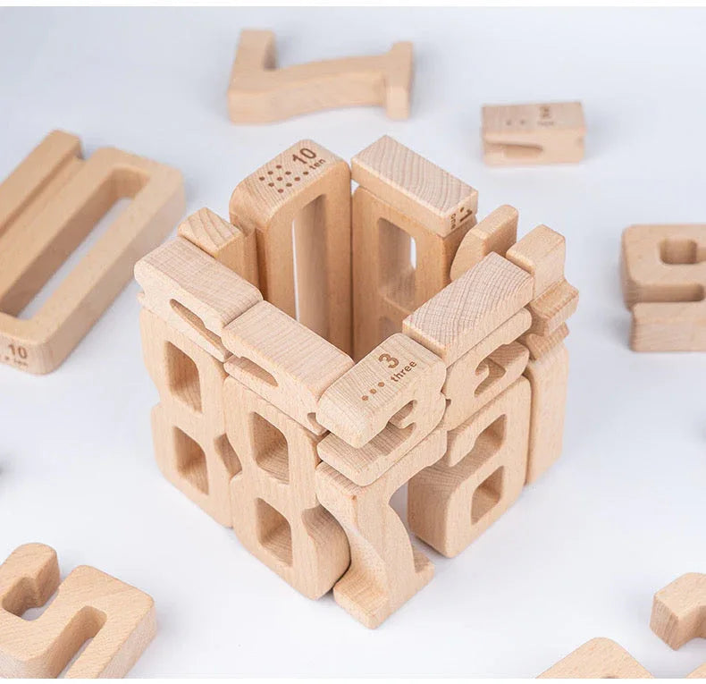 32 Pcs Wooden Math Number Building Blocks Set with Tray - BIG FRENCHIES