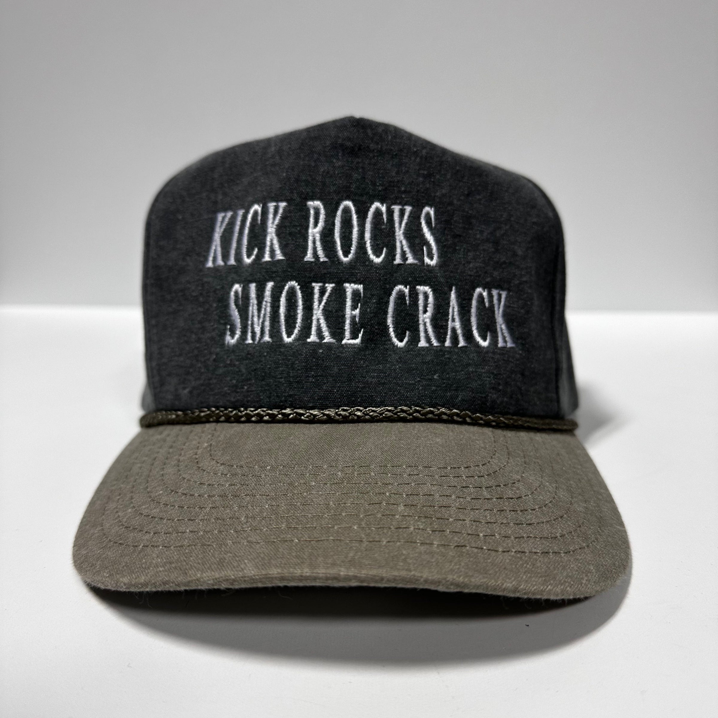 KICK ROCKS SMOKE CRACK Gray Stonewashed SnapBack Cap Hat Custom Embroidered