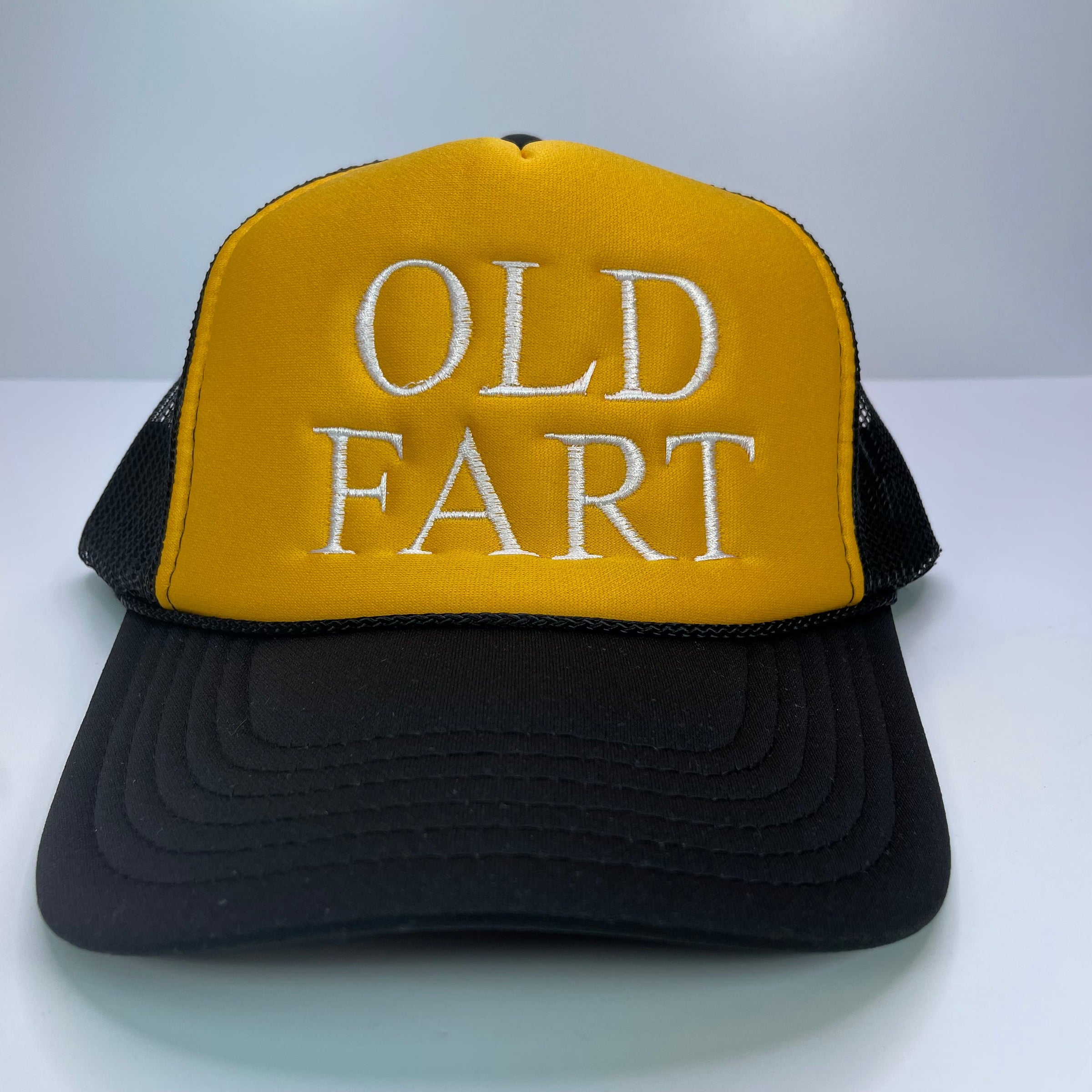 Old Fart Vintage Custom Embroidered Yellow crown black Brim Mesh Trucker SnapBack Hat Cap
