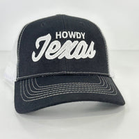 Howdy Texas on a Black White Mesh SnapBack Hat Cap Custom Embroidered