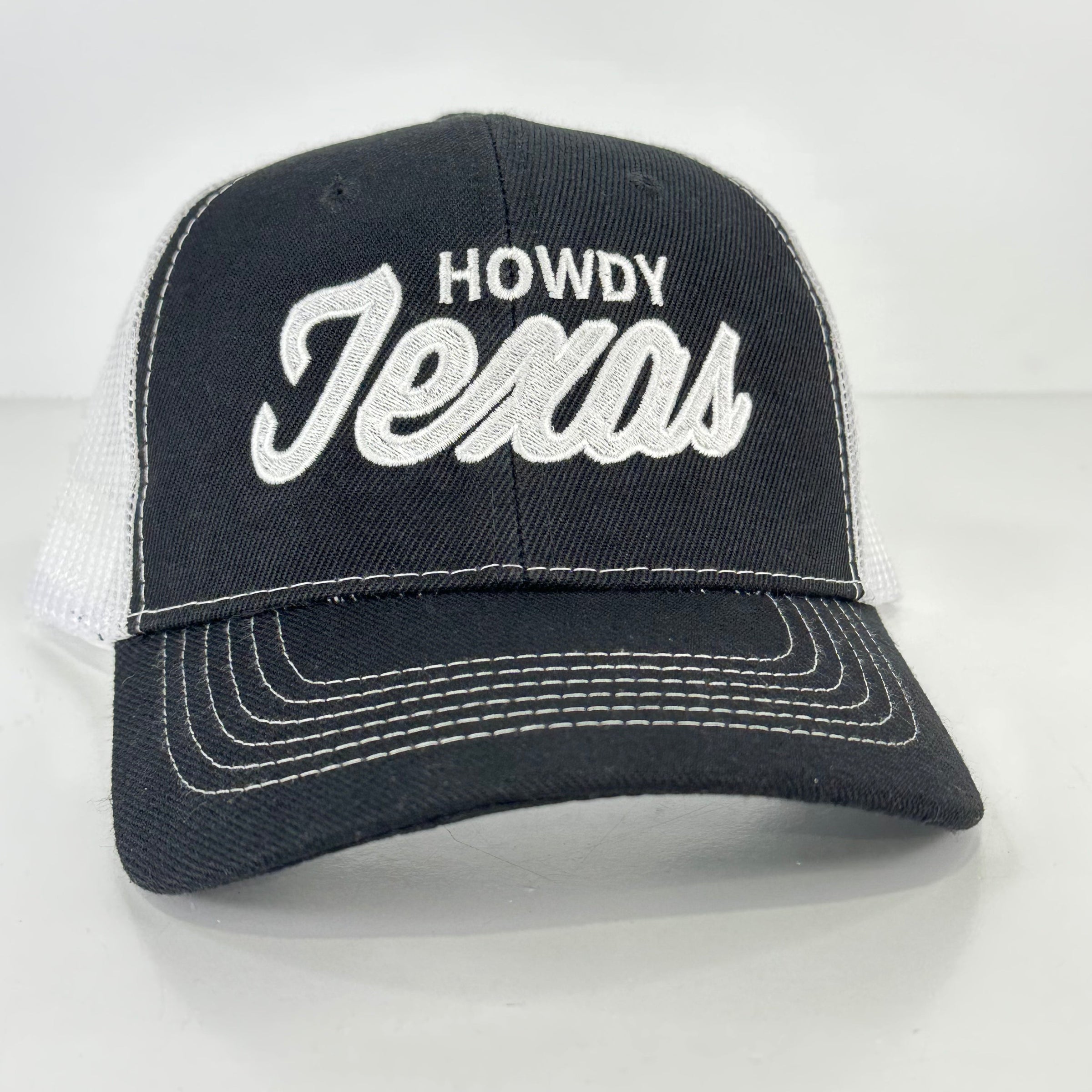 Howdy Texas on a Black White Mesh SnapBack Hat Cap Custom Embroidered