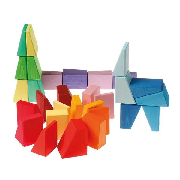 **Pre-order (Ships in 2-3 Weeks)**30 Pcs Stained Wooden Sloping Blocks – Primary Rainbow Colors with Storage Tray - BIG FRENCHIES