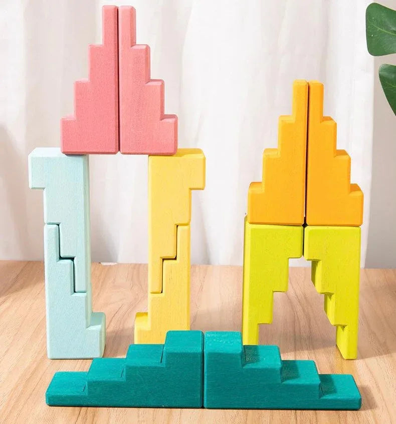 12-Piece Stained Stepped Roof Building Block Set — Pastel / Macaron Colors - BIG FRENCHIES