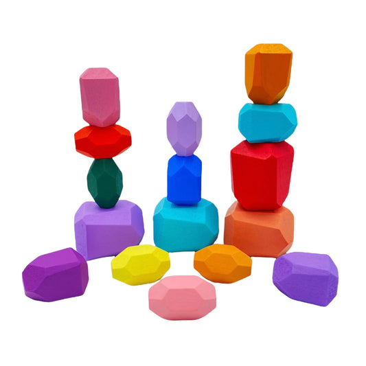 16 Pcs Wooden Stone Balancing Stacking Blocks in Pastel/Macaron Colors - BIG FRENCHIES