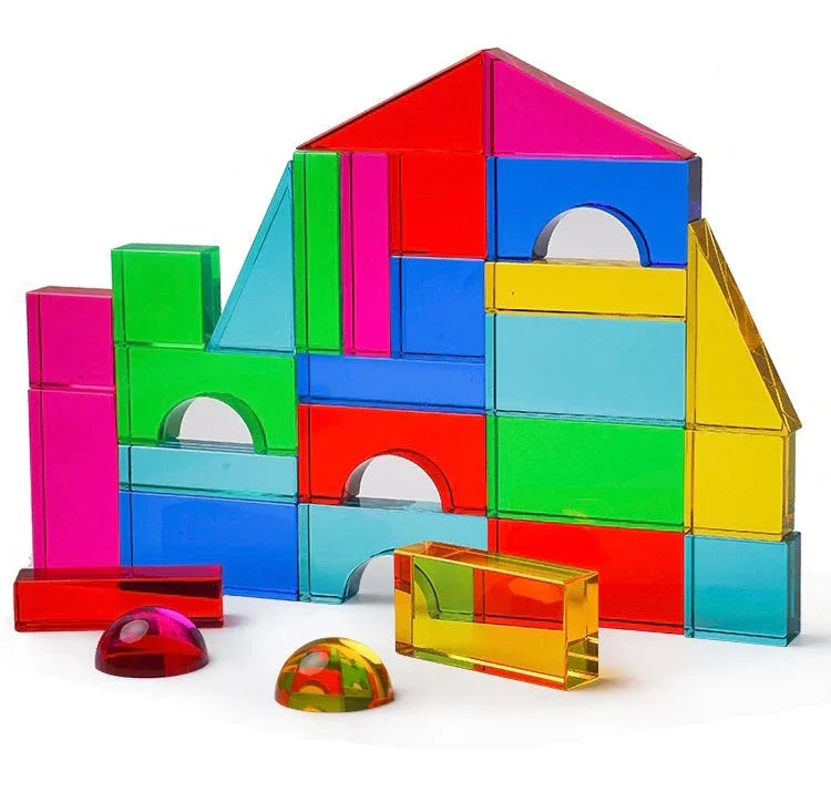 28 Pcs Rainbow Translucent Acrylic Sensory Building Blocks with Storage Tray - BIG FRENCHIES