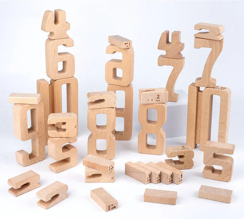 32 Pcs Wooden Math Number Building Blocks Set with Tray - BIG FRENCHIES
