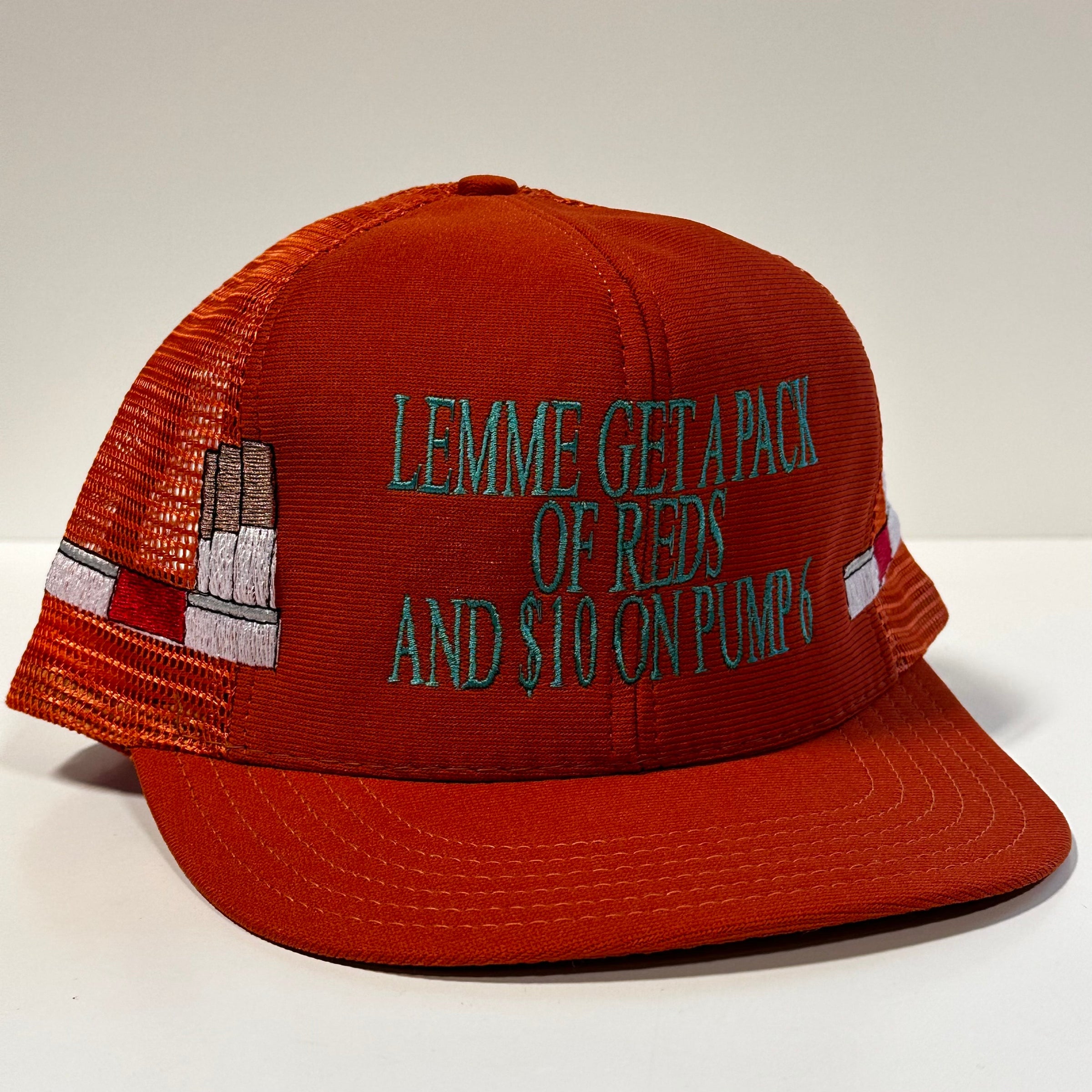 Burnt Orange Pack Of Reds 90s Vintage Mesh Tall Crown Trucker SnapBack Cap Hat Made In USA Pack of Cigarettes Funny Meme Custom Embroidered
