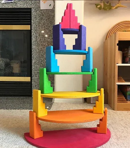 12-Piece Stained Stepped Roof Building Block Set — Primary Rainbow Colors - BIG FRENCHIES