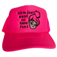 GIRLS JUST WANT TO HAVE FUN Pink Mesh Trucker SnapBack Cap Hat Custom Embroidered