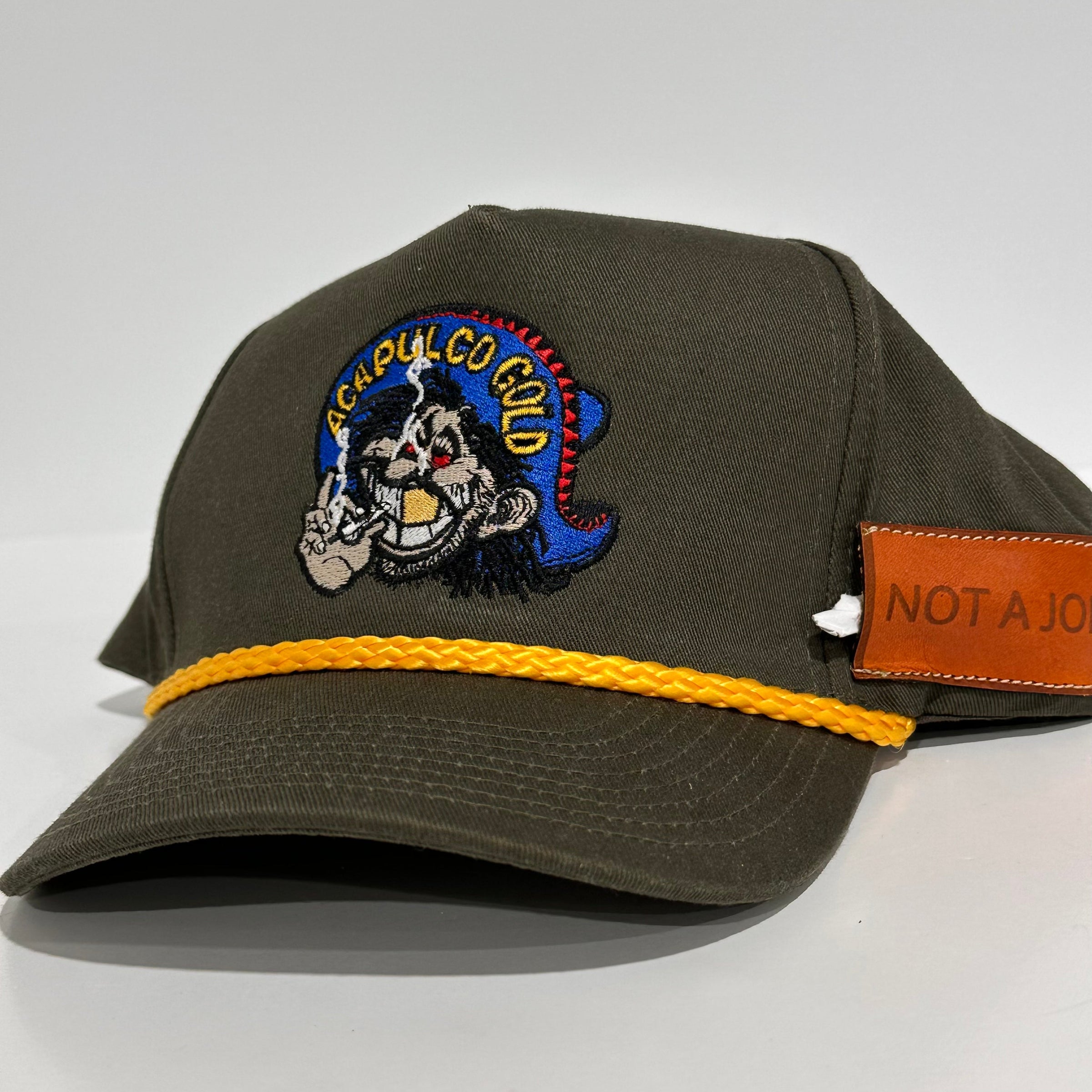 ACAPULCO GOLD With Sewed on Side Leather Pocket Army Green Rope Tall Crown Mesh Back Trucker SnapBack Cap Hat Custom Embroidered