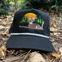 Deer Hunting Scene White Rope Vintage Black Mesh Trucker Snap Back Cap Hat Tall Crown Custom Embroidered