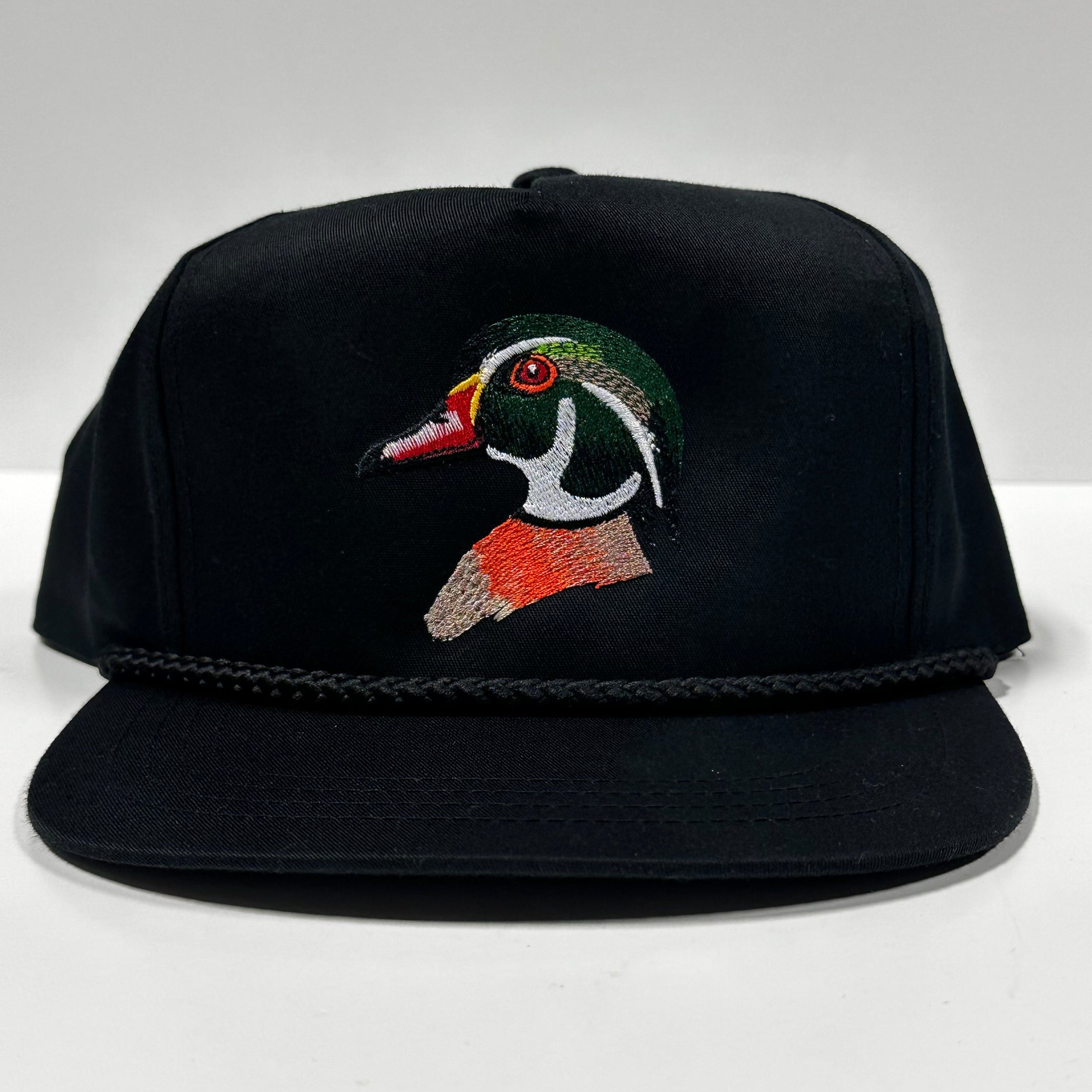 Wood Duck on a Black SnapBack Hat Cap with Rope Custom Embroidered