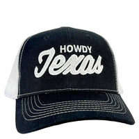 Howdy Texas on a Black White Mesh SnapBack Hat Cap Custom Embroidered