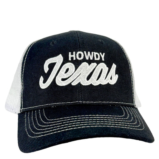 Howdy Texas on a Black White Mesh SnapBack Hat Cap Custom Embroidered