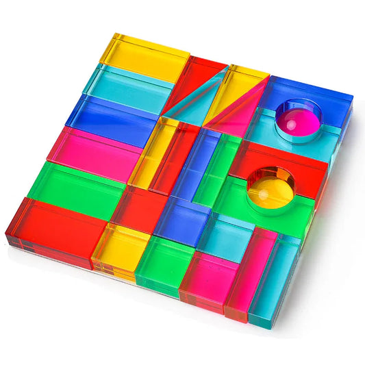 28 Pcs Rainbow Translucent Acrylic Sensory Building Blocks with Storage Tray - BIG FRENCHIES