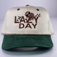 National LAZY DAY Vintage Green Suede Brim Snapback Cap Hat With Rope Custom Embroidered