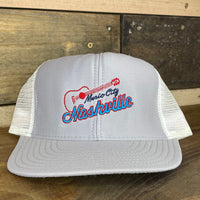 Custom Embroidered Music City Nashville TN Vintage Gray White Mesh Trucker Snapback Cap Hat Made in USA