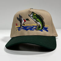 BASS FISHING & Mallard Duck Tan Trucker SnapBack Cap Hat Hunting Custom Embroidered
